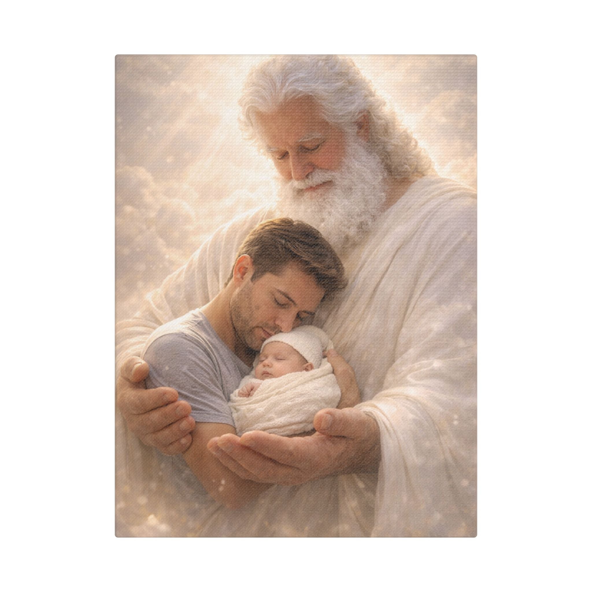 Safely in His Hands Canvas — 'Dad & Baby' Sleeping in God's Embrace Wall Art