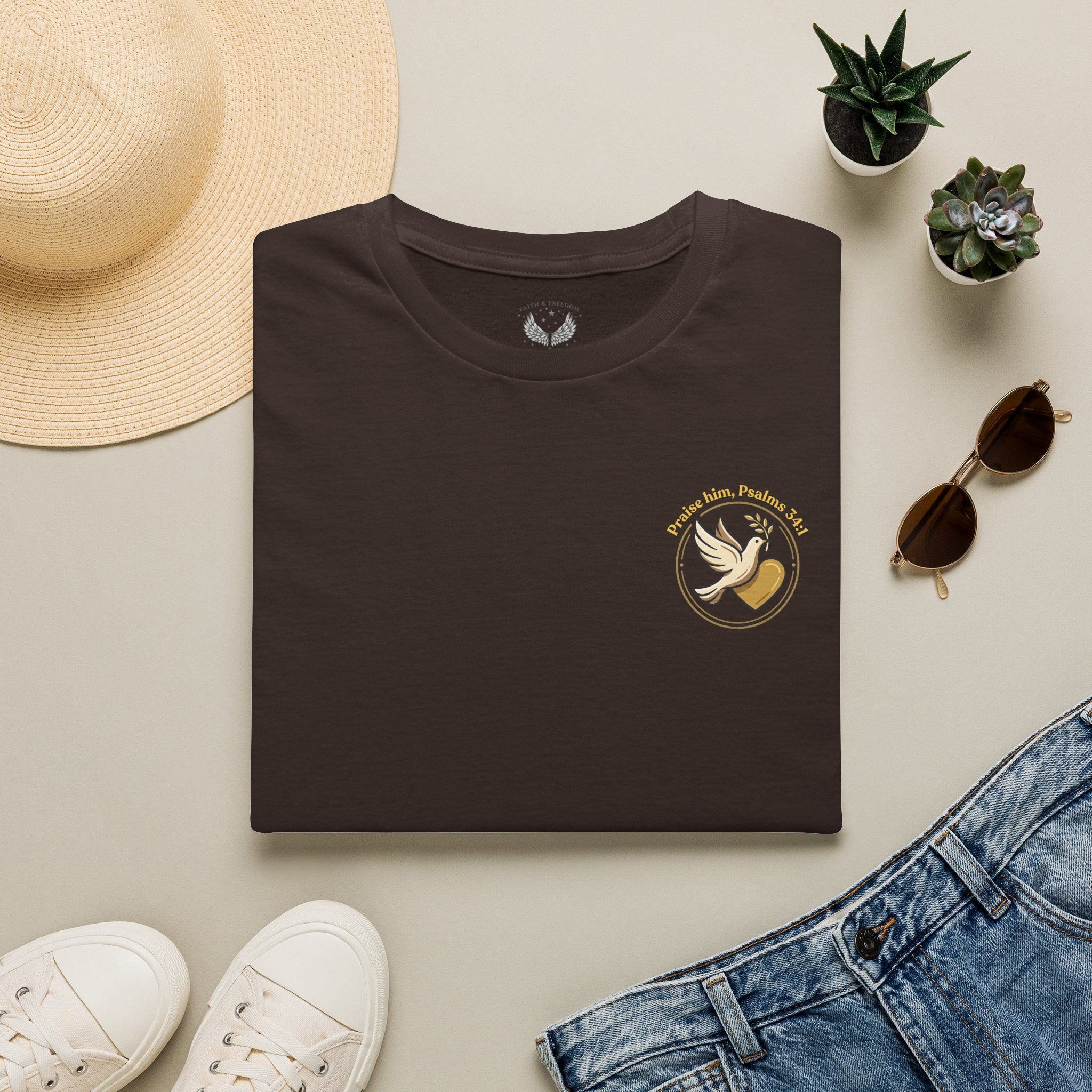 Minimalist Christian T-shirt featuring a Dove of Peace chest emblem with the words “Pray, Love, Remember” on a soft lightweight faith-inspired tee.