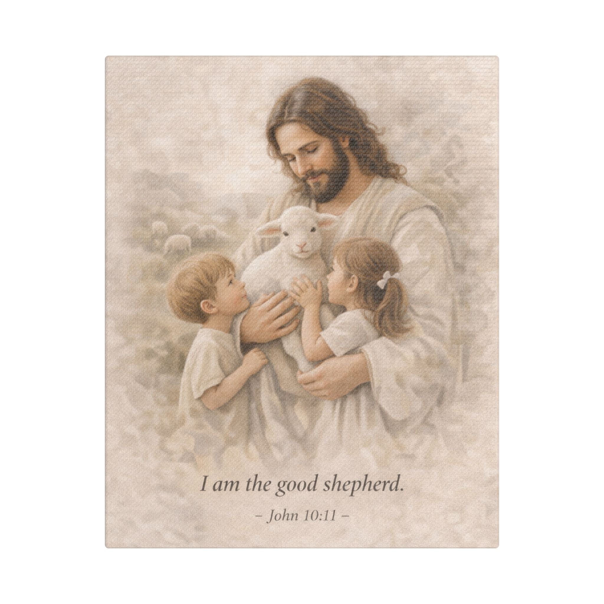 Jesus with Children Satin Canvas Print — "I am the good shepherd" (John 10:11)