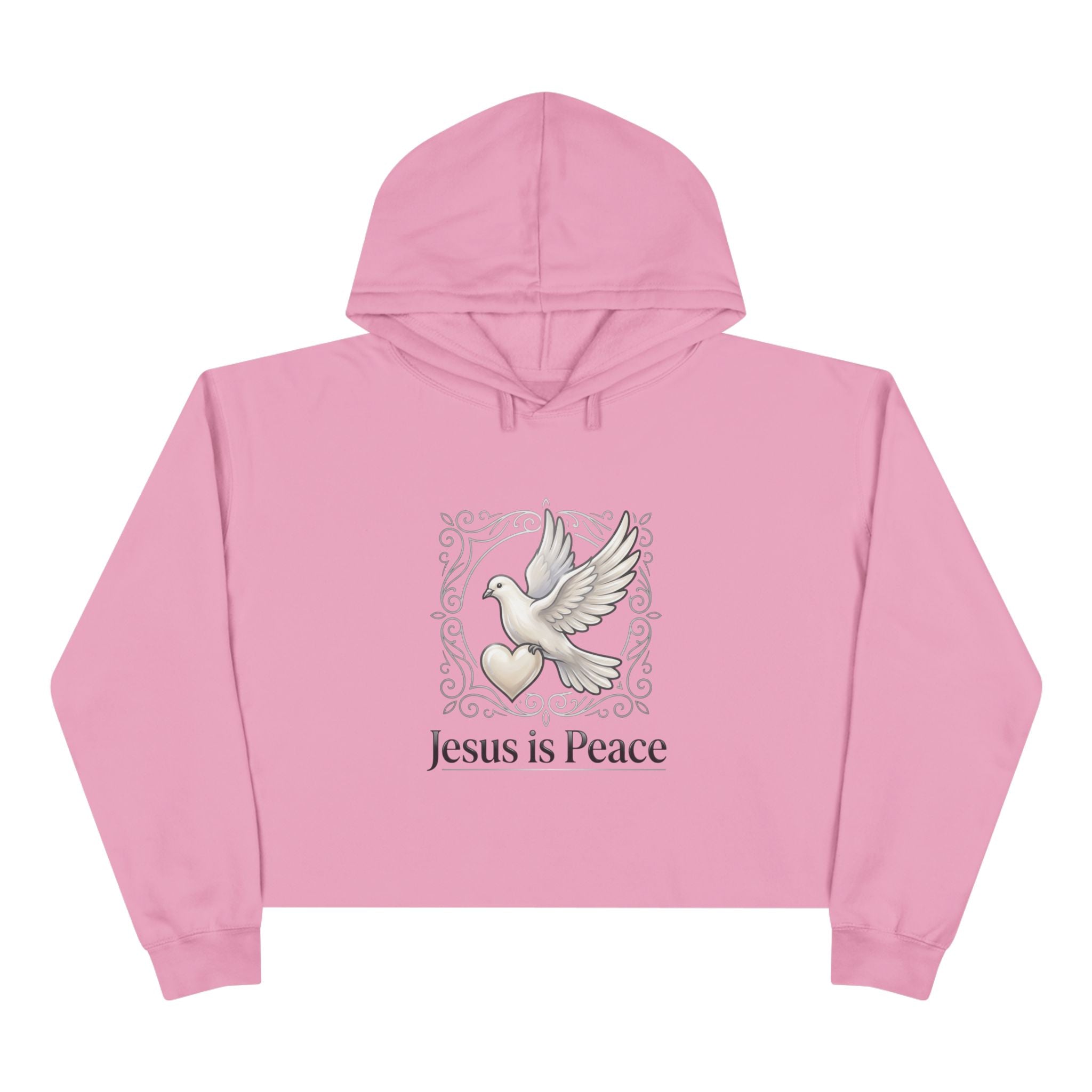 Pink hoodie with a dove and heart design and 'Jesus is Peace' text on a white background