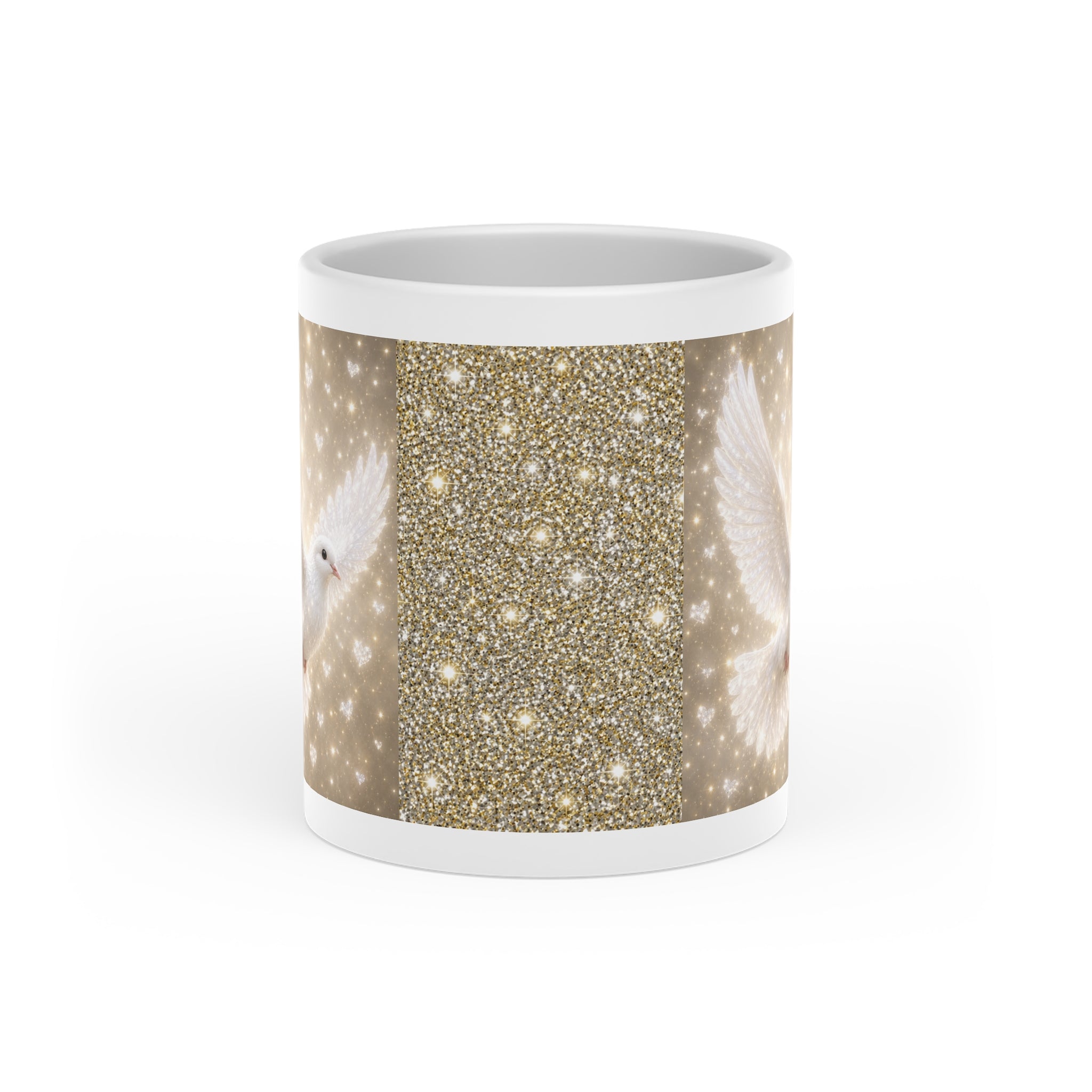 Peace Dove Heart Mug | Gold Sparkle Ceramic Coffee Mug | Elegant Dove & Heart Gift