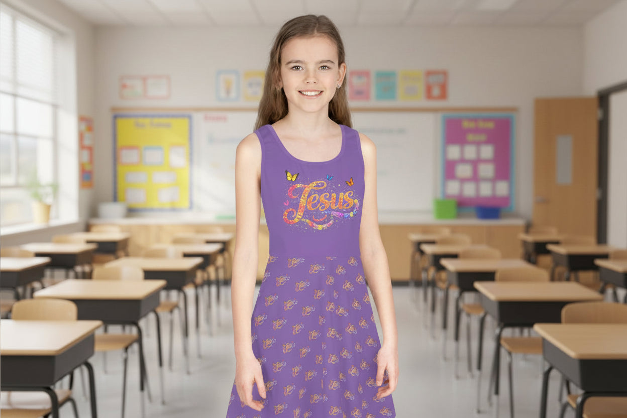 Girls Purple Floral Butterfly Jesus Sundress – Christian Youth Faith Dress | Mom & Daughter Matching Outfit