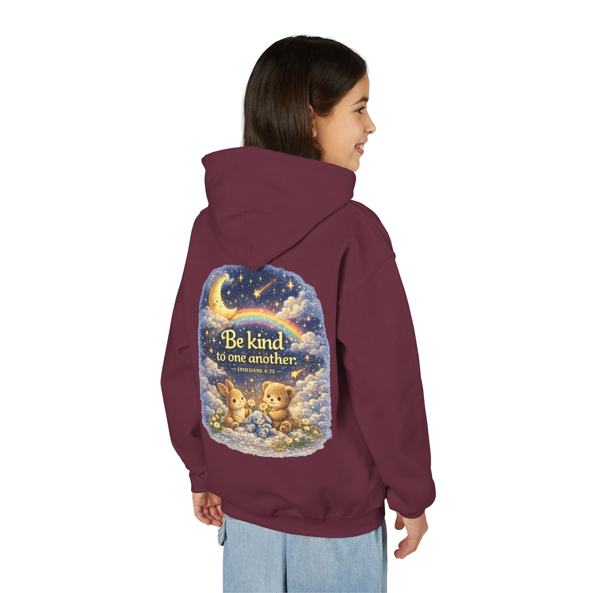 Youth “Be Kind to One Another” Hoodie – Cute Bunny Night Sky Scripture Sweatshirt