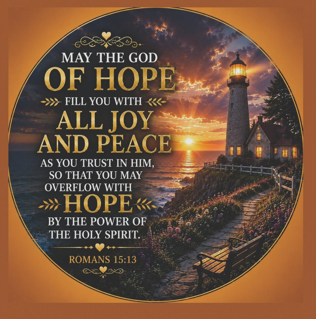 Inspirational Christian garden flag featuring a glowing lighthouse sunset with Romans 15:13 scripture artwork in warm coastal-inspired tones.