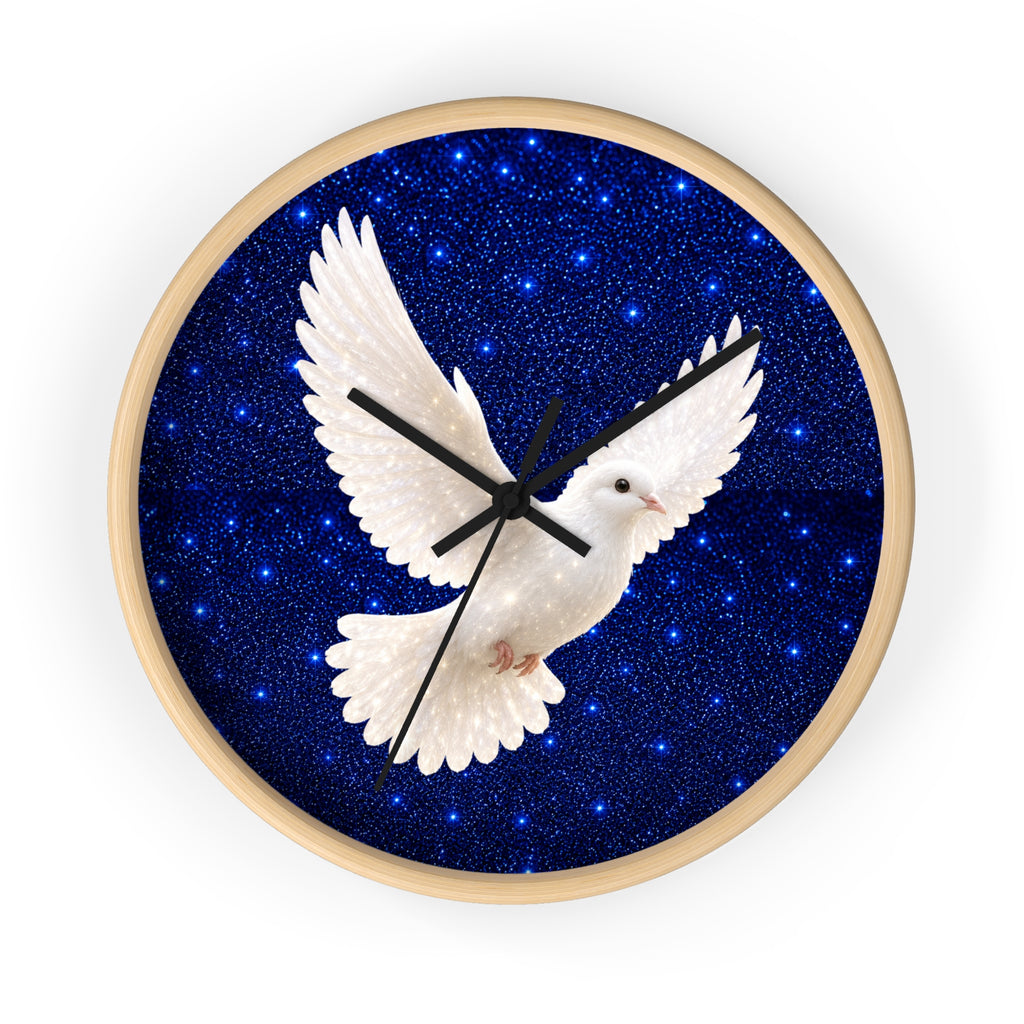 Round wall clock with a light wood frame, featuring a white dove in flight over a deep blue starry night background.