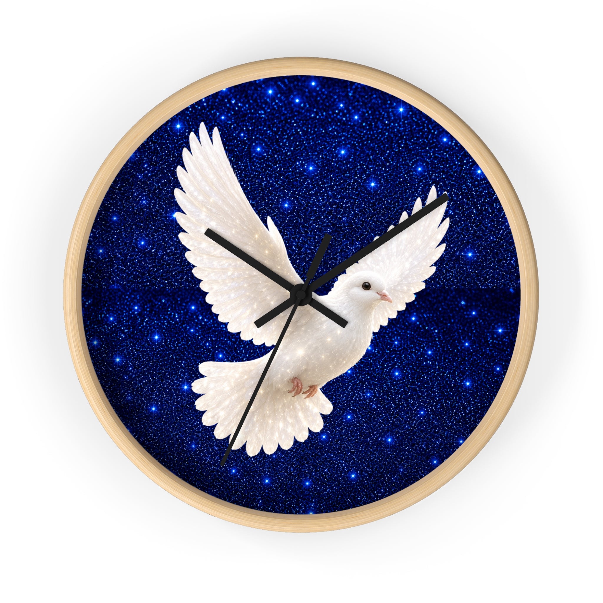 Round wall clock with a light wood frame, featuring a white dove in flight over a deep blue starry night background.