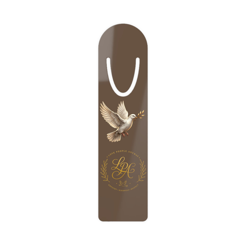 Personalized aluminum bookmark featuring a dove, laurel wreath, and custom monogram on a warm brown background with brushed metal backing and secure page-holding slot.