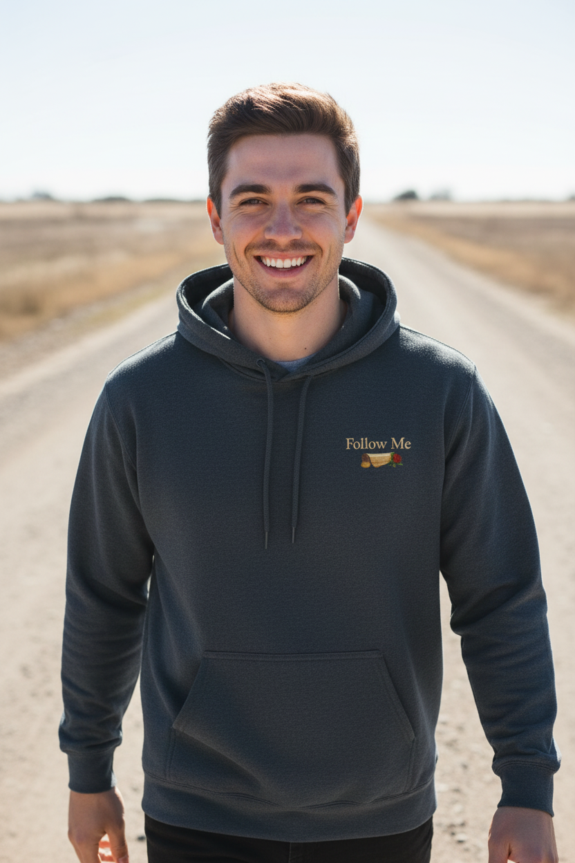 Christian fleece hoodie featuring Matthew Gospel inspired scripture artwork with soft relaxed comfort and quiet faith-centered design.