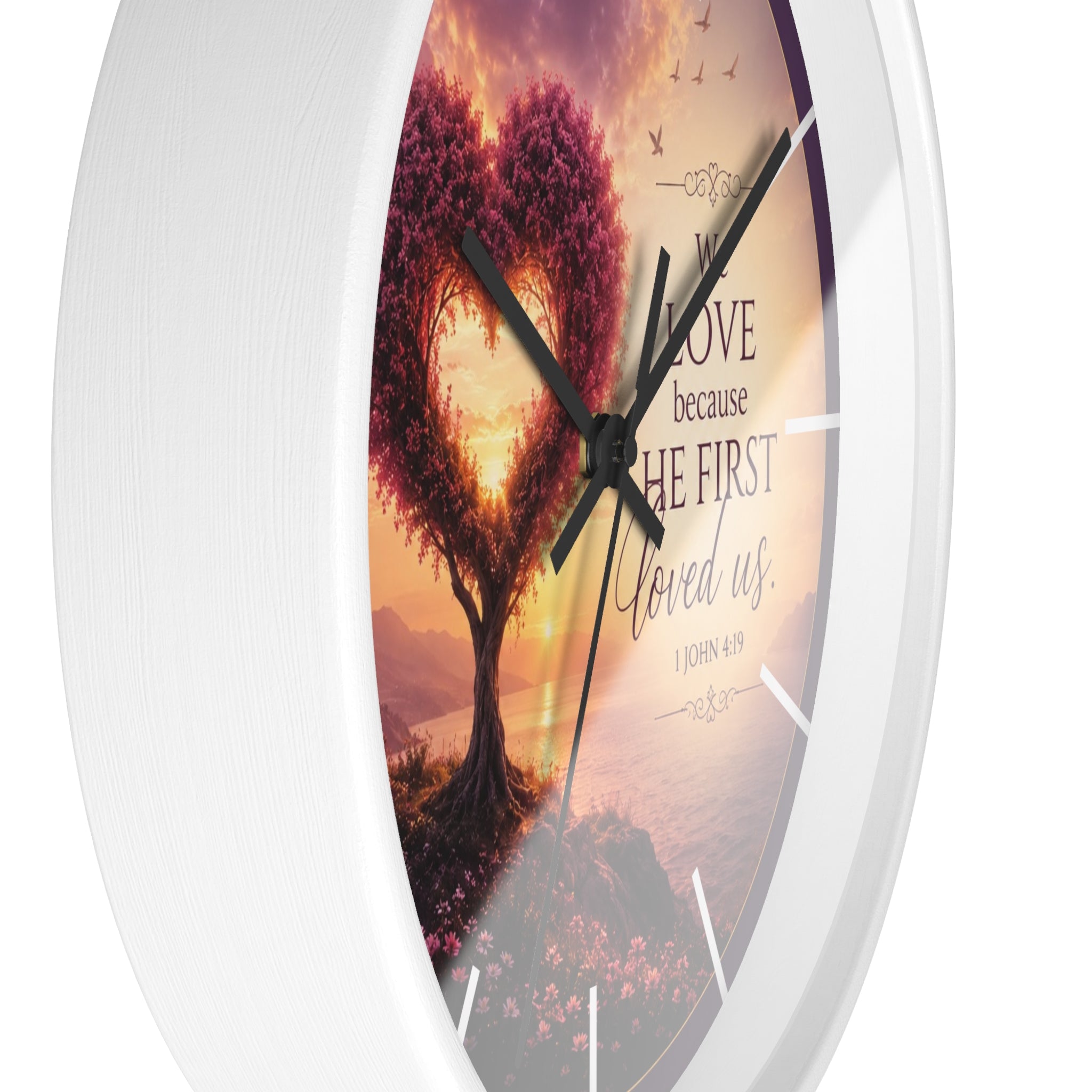 We Love Because He First Loved Us Wall Clock | Christian Heart Tree Decor | 1 John 4:19 Scripture Clock