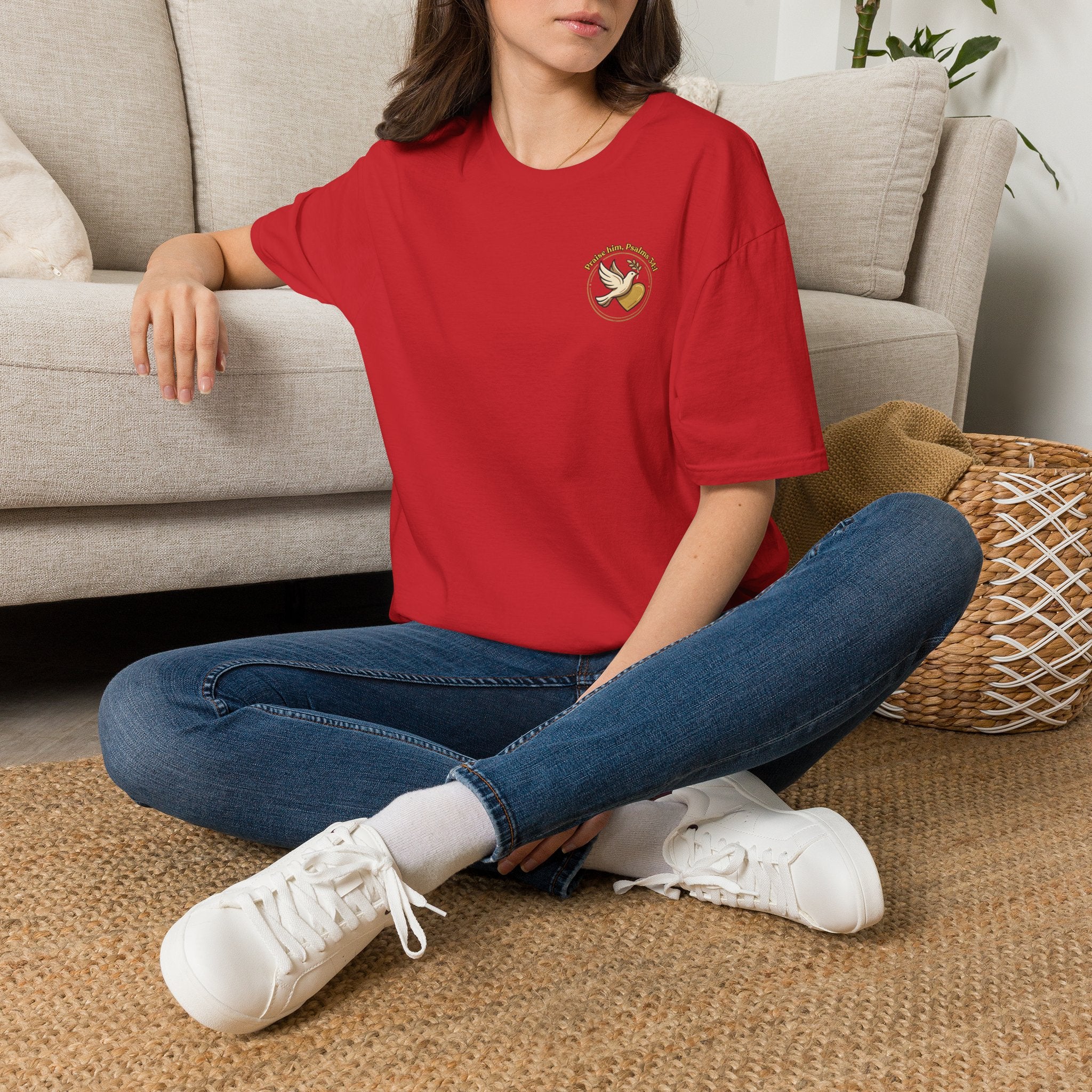 Minimalist Christian T-shirt featuring a Dove of Peace chest emblem with the words “Pray, Love, Remember” on a soft lightweight faith-inspired tee.