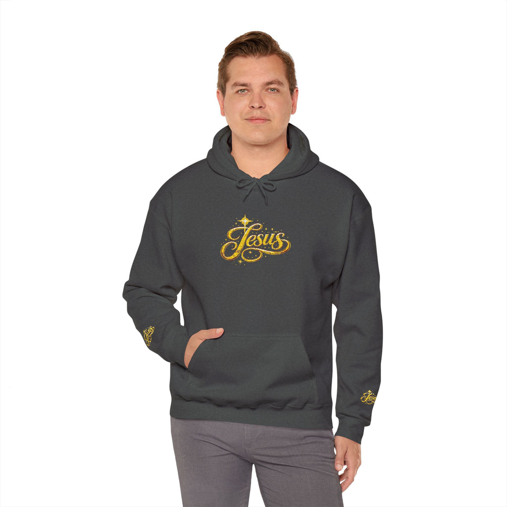 Jesus Gold Script Hoodie – Sparkle Christian Faith Pullover | Inspirational Hoodie