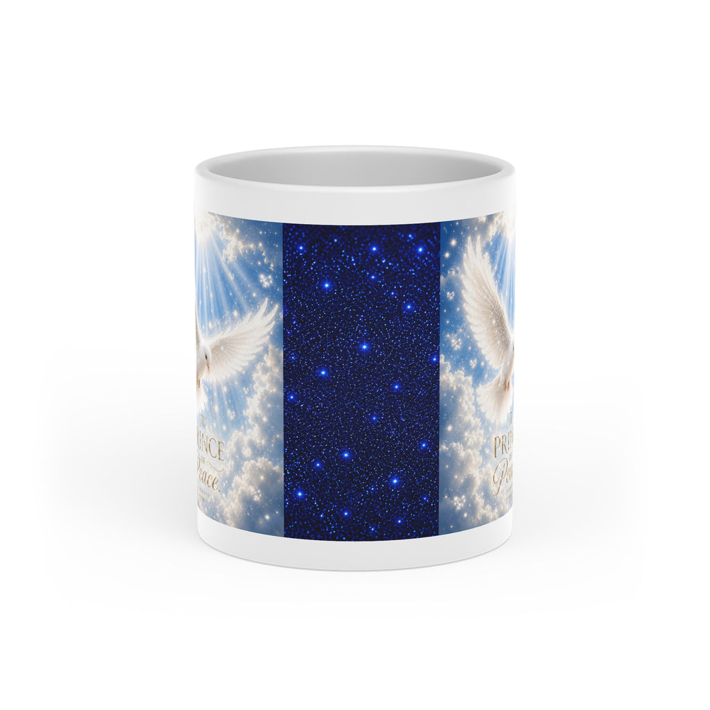 White ceramic heart-shaped handle mug featuring a radiant white dove beneath the words "Prince of Peace" on a deep midnight-blue starry sky background.