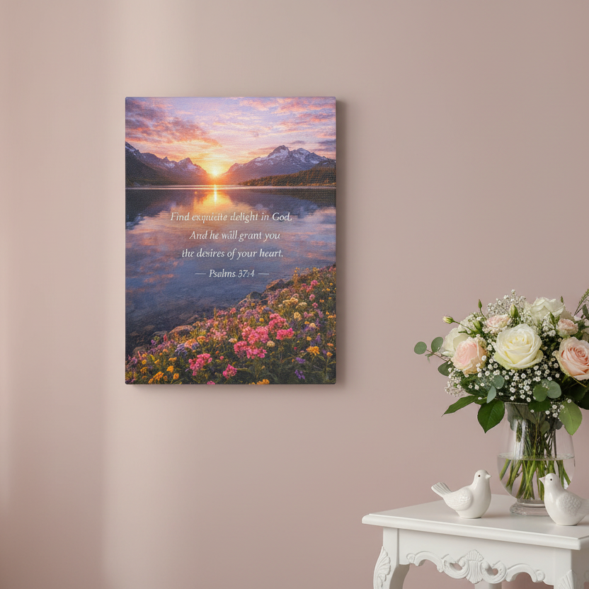 Sunset Lake Psalm 37:4 Canvas — Peaceful Christian Scripture Wall Art