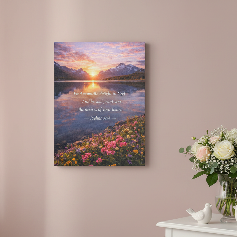 Sunset Lake Psalm 37:4 Canvas — Peaceful Christian Scripture Wall Art