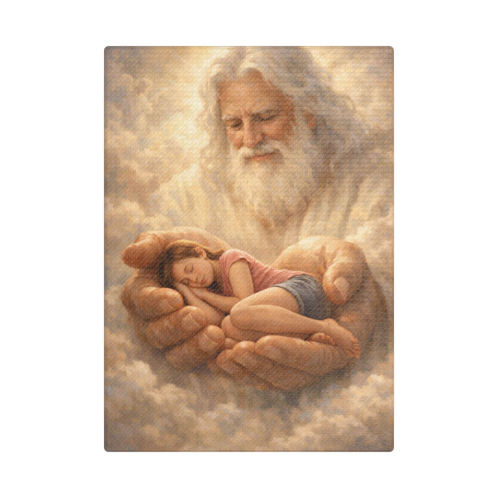 Safely in His Hands Canvas — Teen Girl Sleeping in God's Embrace | Christian Faith Wall Art