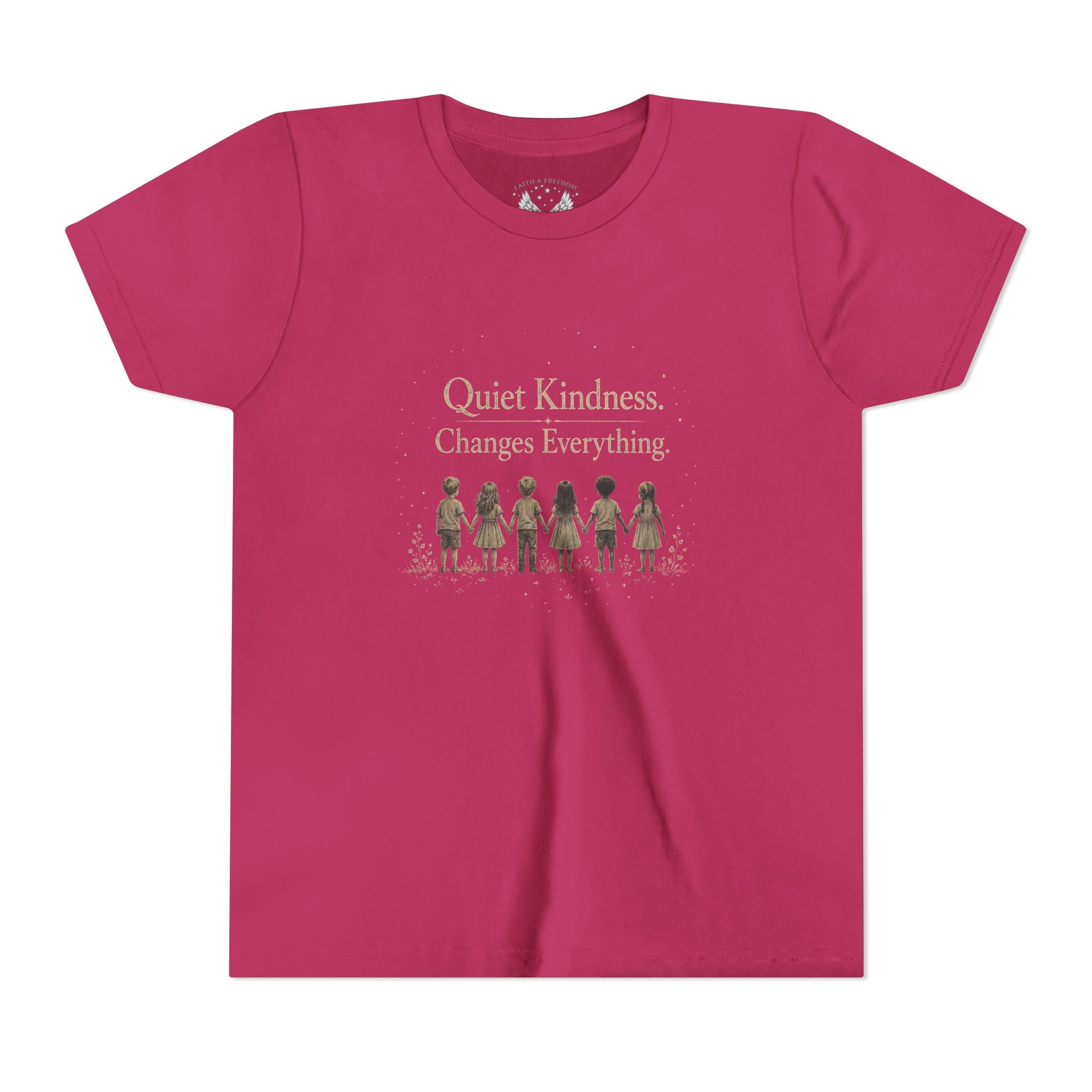 Youth “Quiet Kindness Changes Everything” Tee – Kids Inspirational T-Shirt with Earth & Friends Graphic