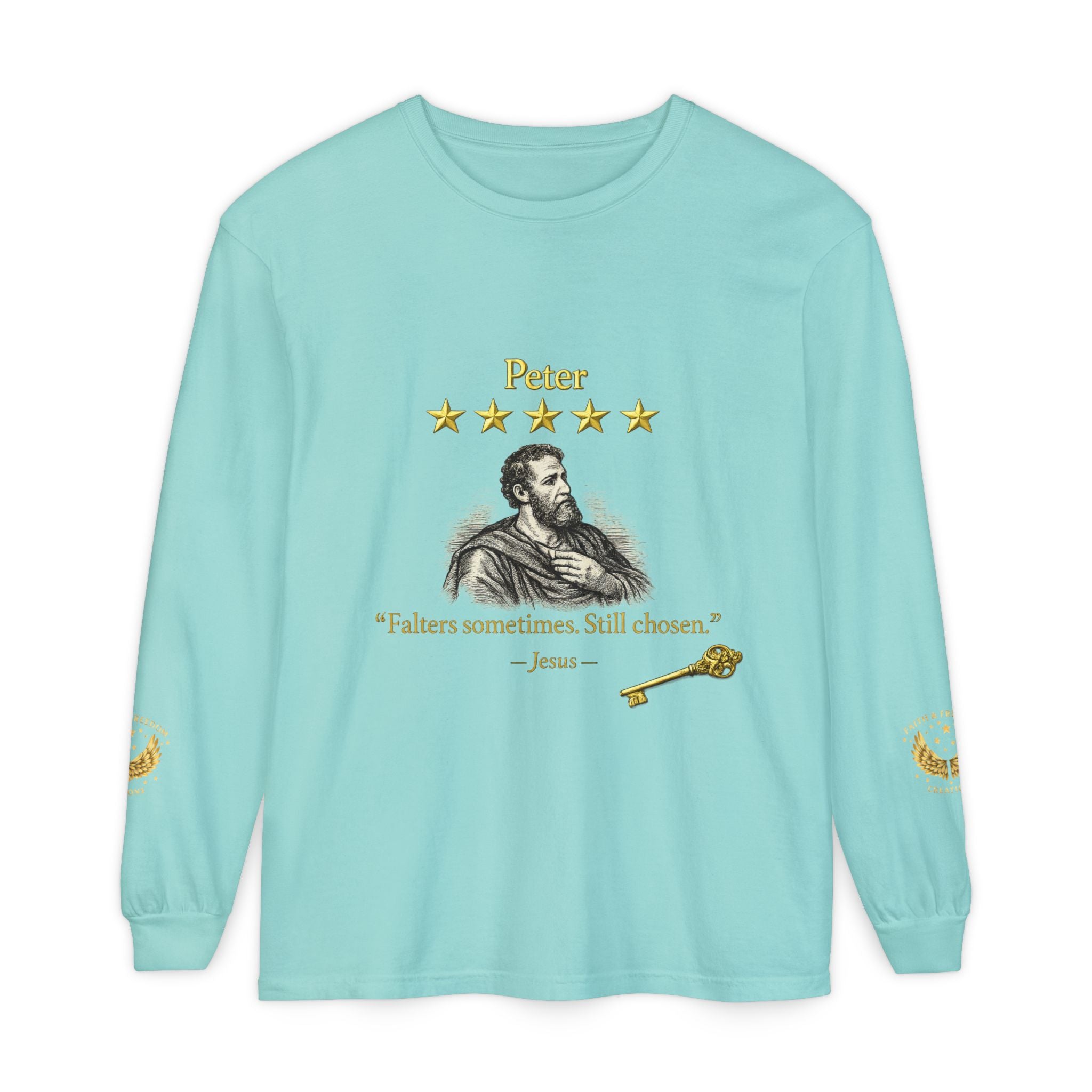 Peter Scripture Long Sleeve T-Shirt — "Falters sometimes. Still chosen." Review by Jesus