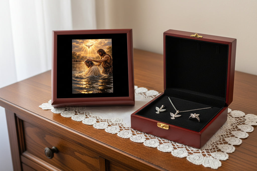 Baptism of Jesus Jewelry Box – Christian Baptism Keepsake Gift with Golden Light Scene | Faith Jewelry Storage Box