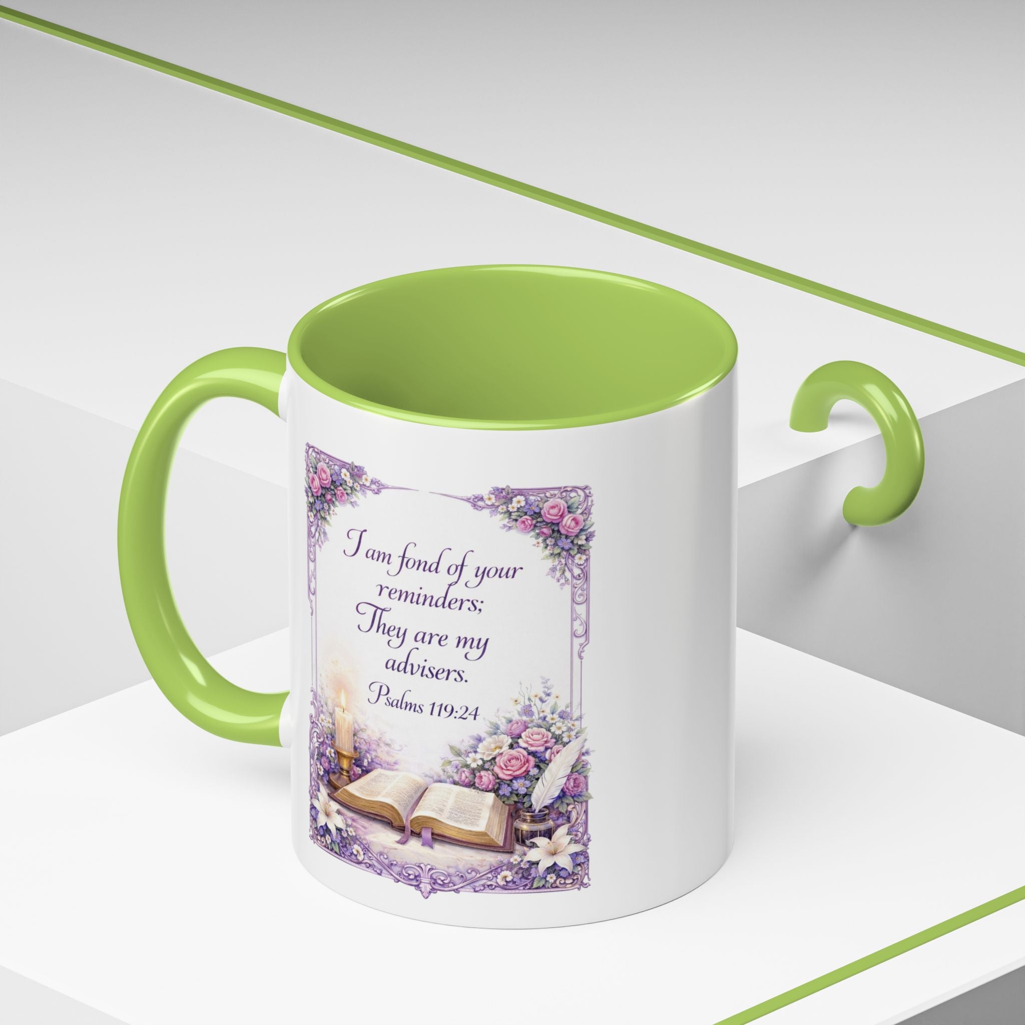 Inspirational Christian ceramic accent coffee mug featuring Psalm 119:24, delicate floral artwork, and the message “I am fond of your reminders” with colorful handle and interior accents.