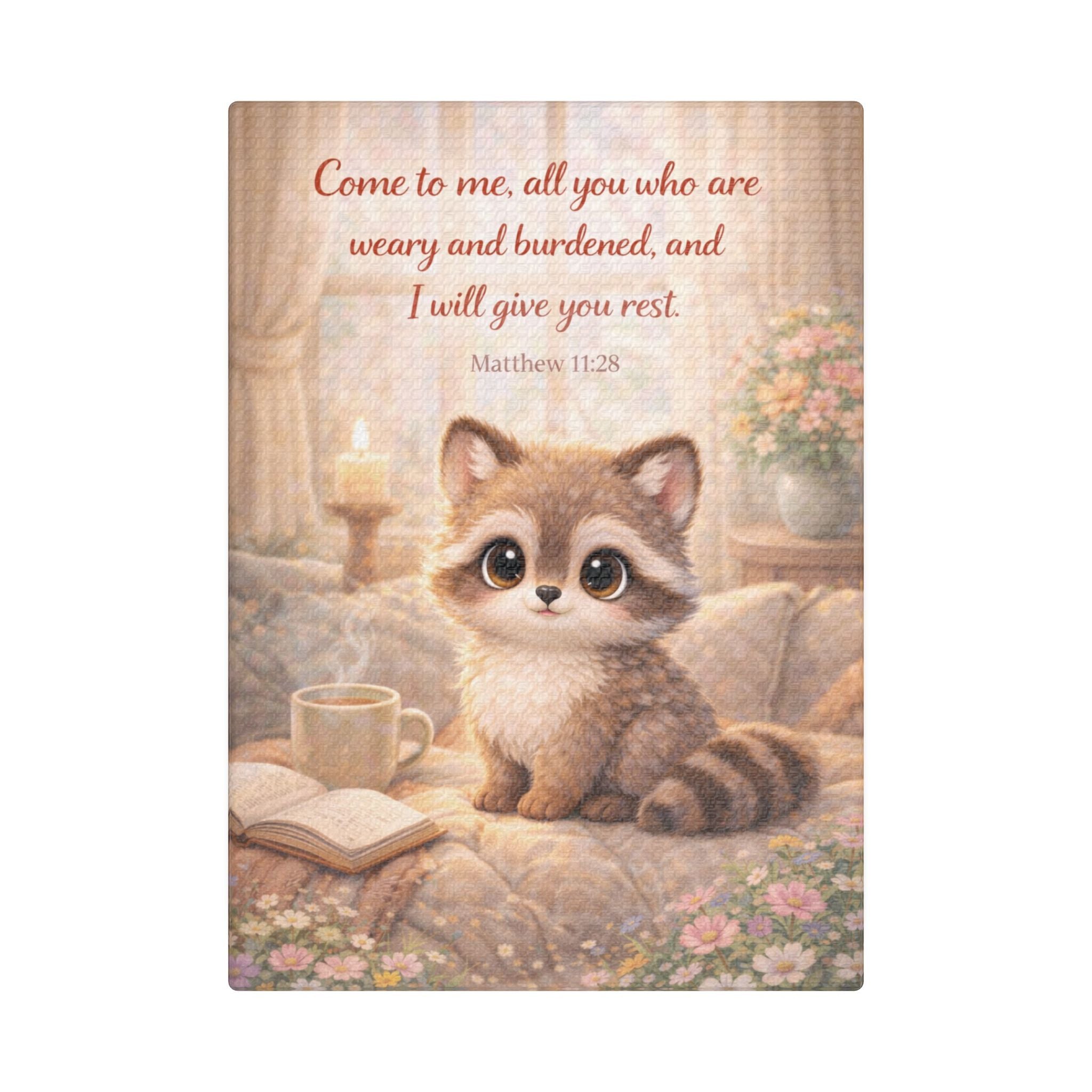 Scripture Woodland Animals – Raccoon – Matthew 11:28 Canvas Print