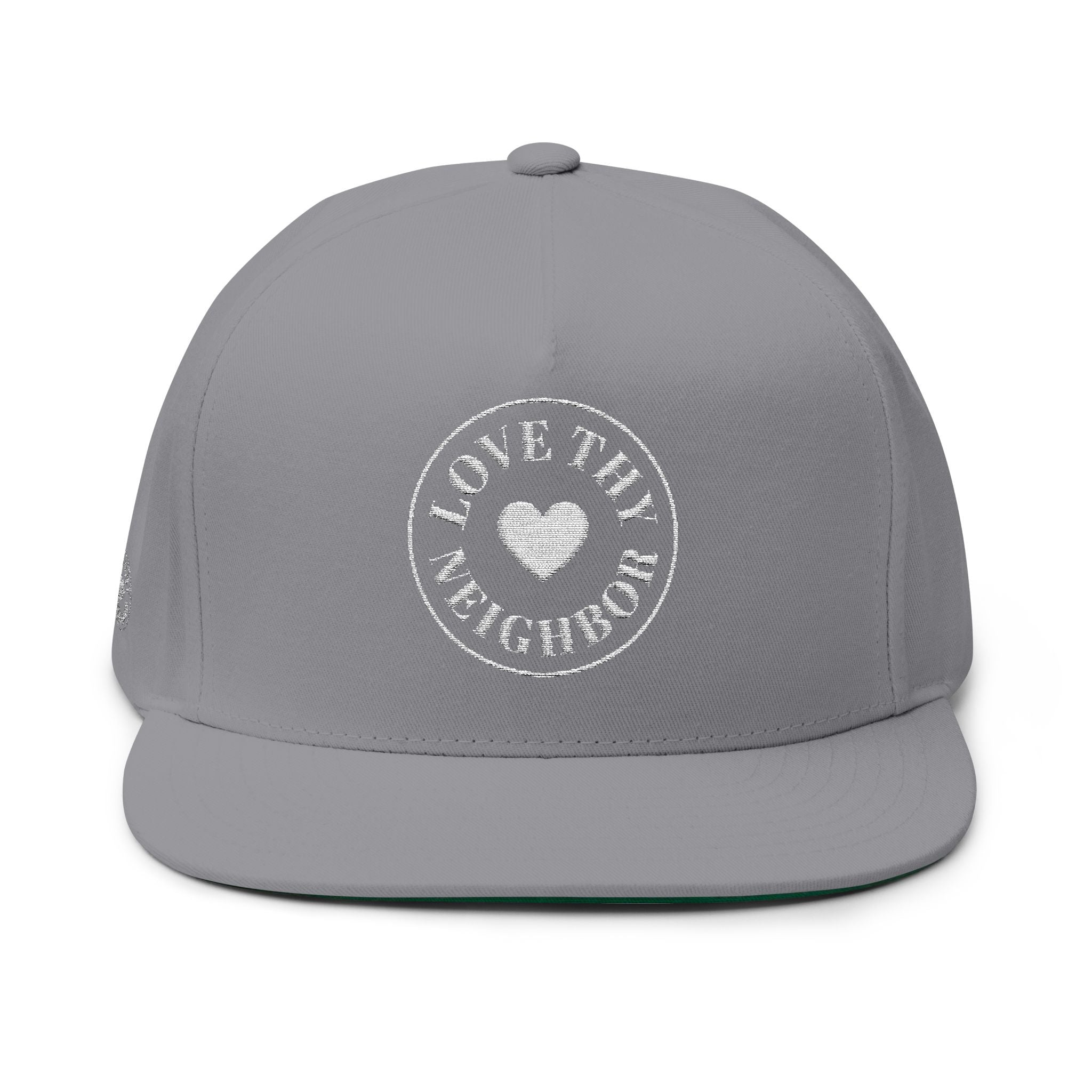 Love Thy Neighbor Embroidered Flat Bill Cap | Christian Snapback Hat | Vintage Cotton Twill Cap