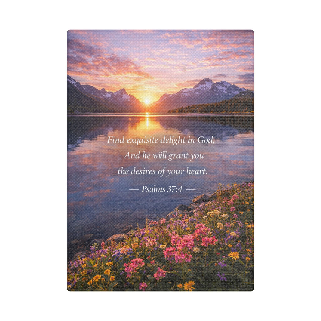Sunset Lake Psalm 37:4 Canvas — Peaceful Christian Scripture Wall Art