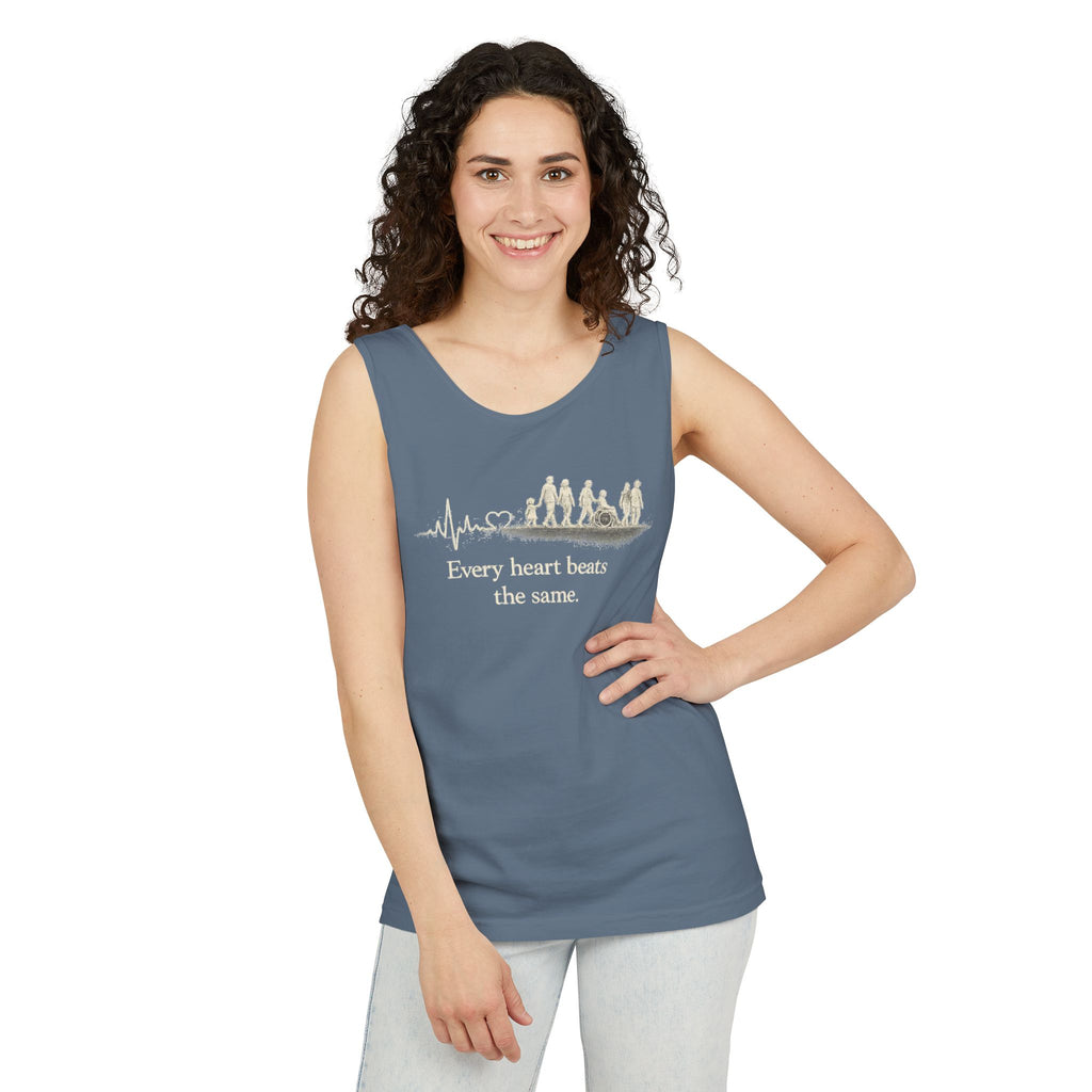 “Every Heart Beats the Same” Vintage Surf Tank Top – Garment-Dyed Coastal Unity Tank