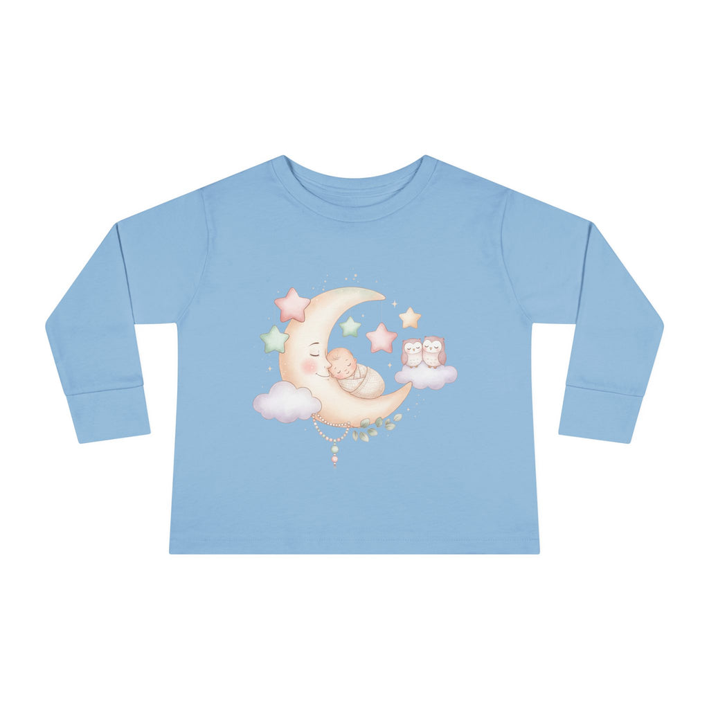 Baby Moon & Owl Toddler Long Sleeve Tee – Pastel Sleepy Moon Nursery Shirt | Cozy Toddler Pajama Style Tee