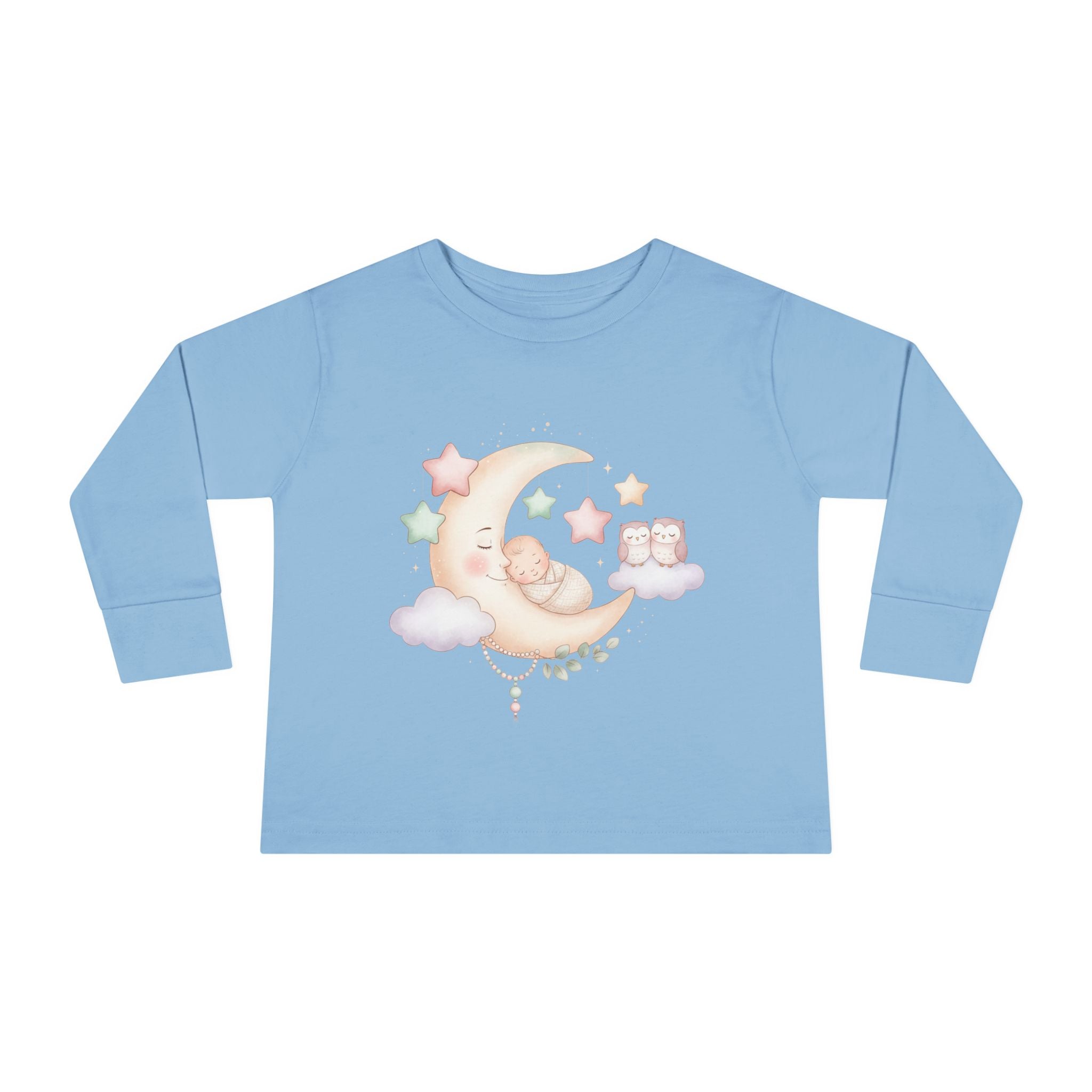 Baby Moon & Owl Toddler Long Sleeve Tee – Pastel Sleepy Moon Nursery Shirt | Cozy Toddler Pajama Style Tee