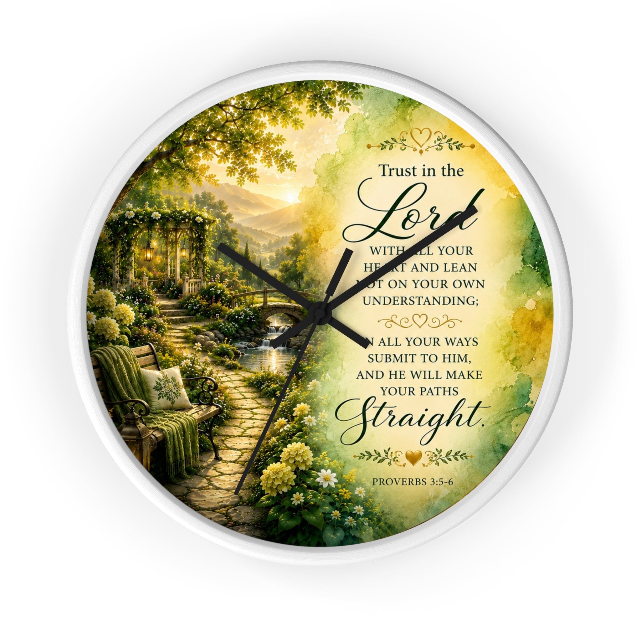Inspirational Christian wall clock featuring a peaceful garden pathway at sunrise with Proverbs 3:5-6 scripture about trusting in the Lord.