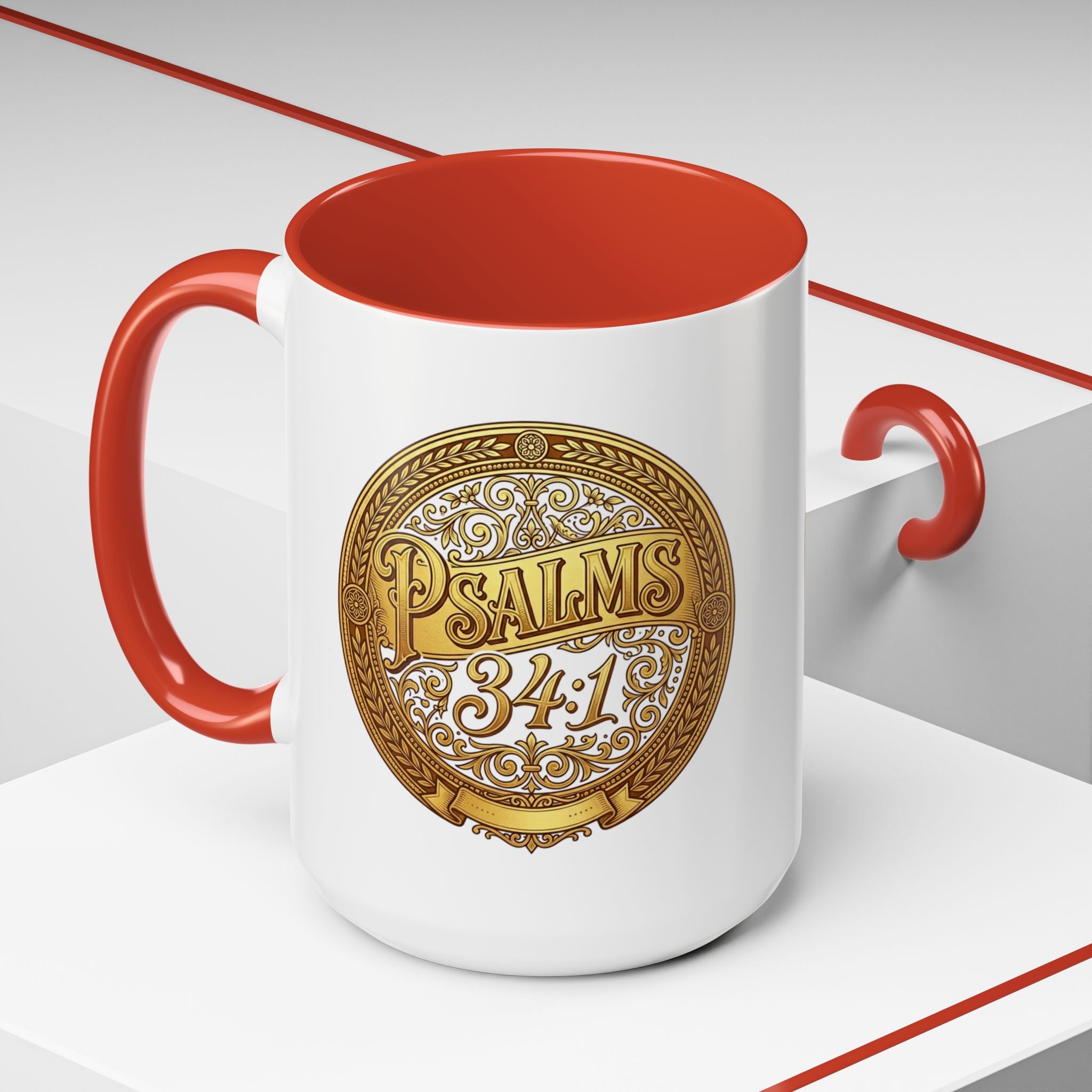 Inspirational Christian ceramic accent coffee mug featuring Psalm 34:1 in an ornate gold medallion design with colorful handle and interior accents.
