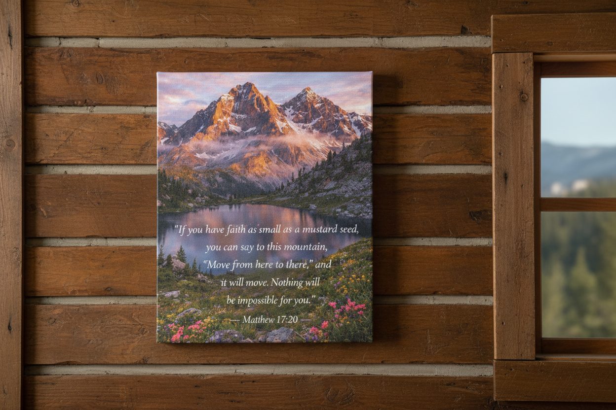 Mountain Landscape Matthew 17:20 Canvas — Faith Moving Mountains Scripture Wall Art