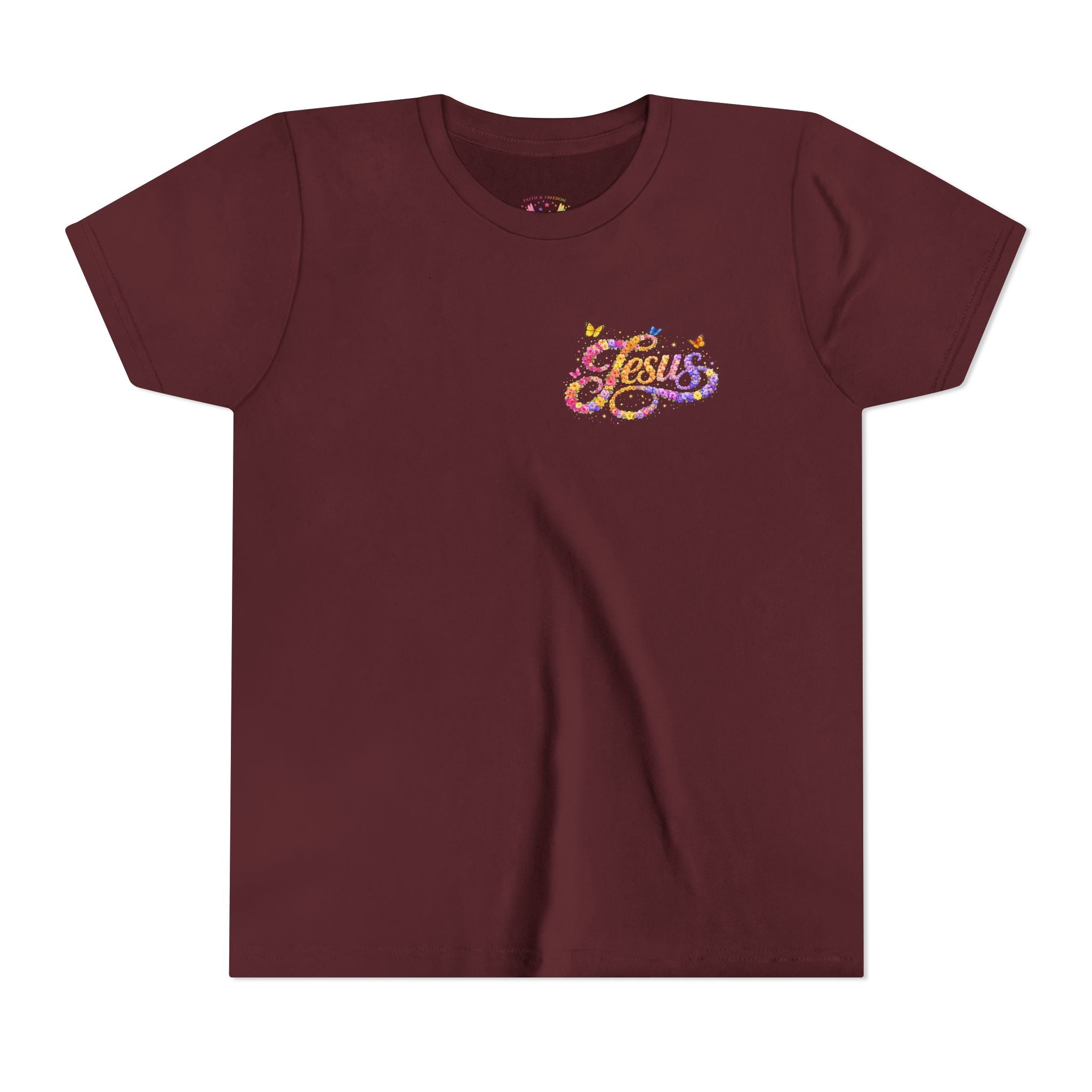 Youth Jesus Floral Script T-Shirt – Butterfly Christian Kids Tee | Faith Youth Shirt