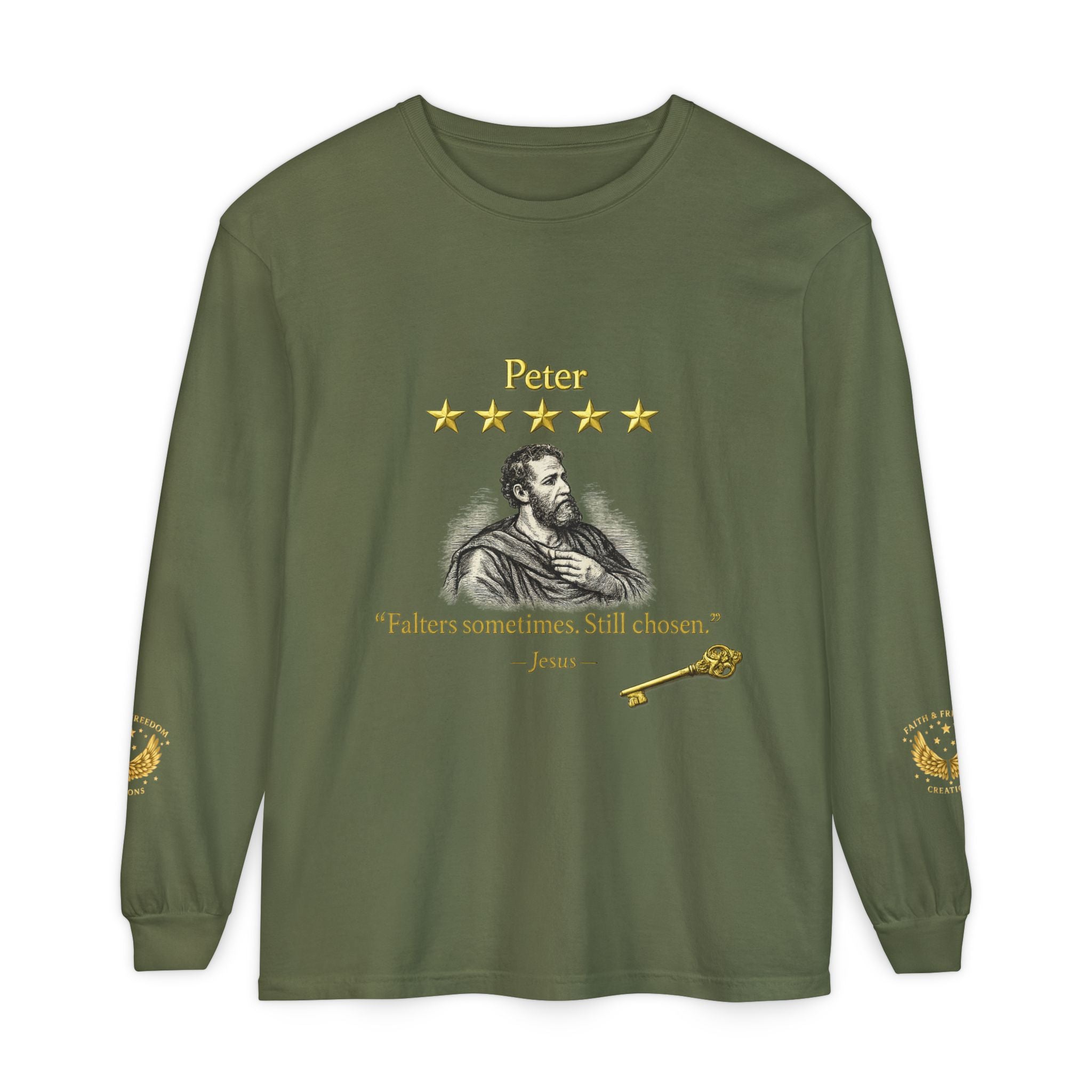Peter Scripture Long Sleeve T-Shirt — "Falters sometimes. Still chosen." Review by Jesus