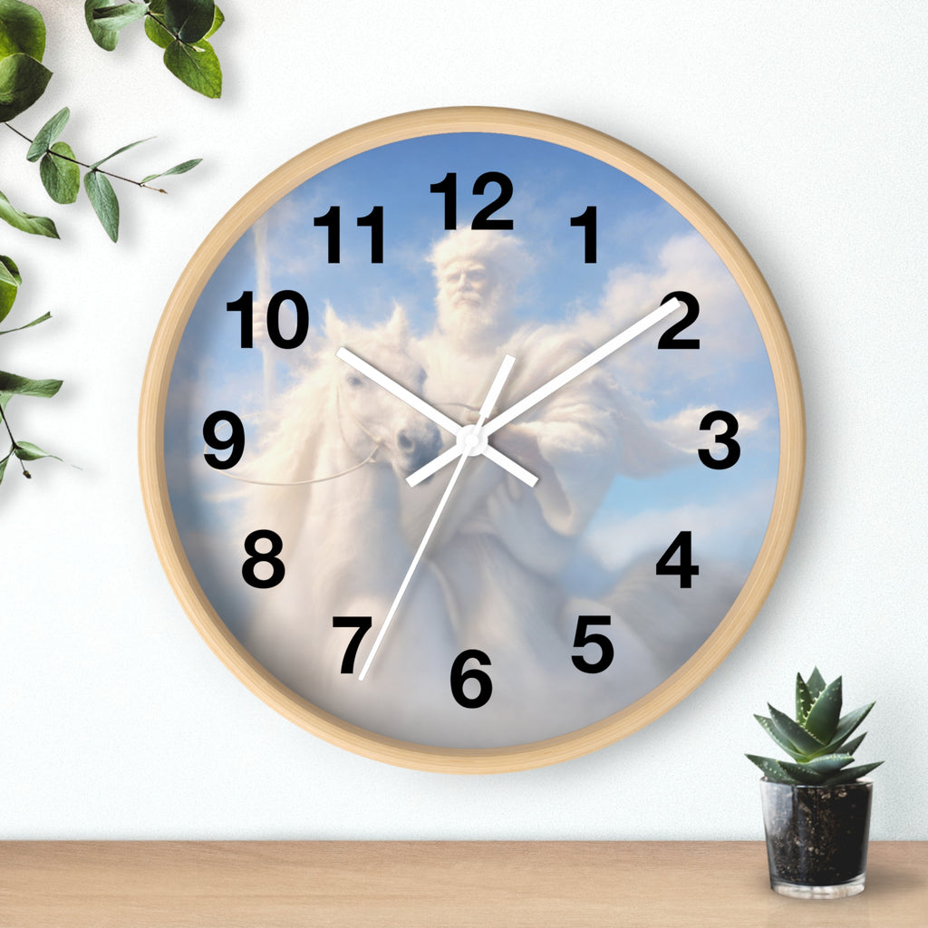 Inspirational Christian wall clock featuring Jesus riding through glowing clouds with classical devotional sky artwork and warm heavenly tones.