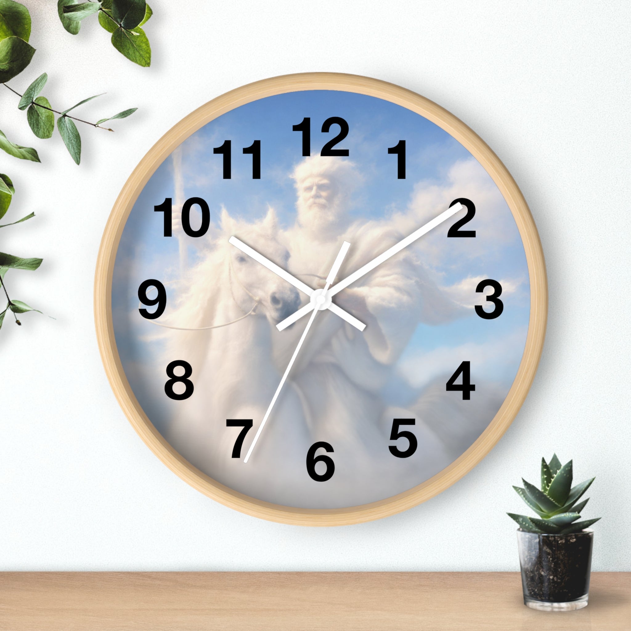 Inspirational Christian wall clock featuring Jesus riding through glowing clouds with classical devotional sky artwork and warm heavenly tones.