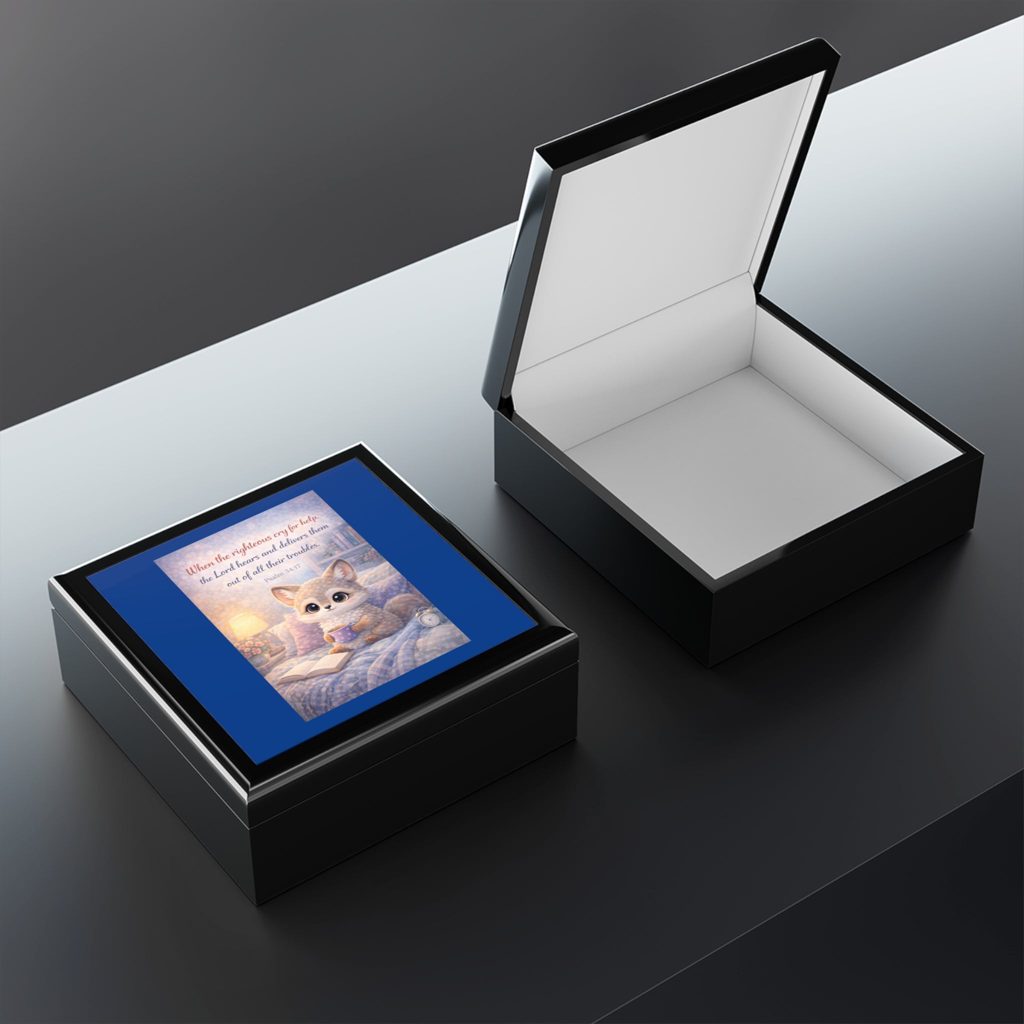 The Righteous Cry Out - Cozy Kitten Jewelry Box with Psalm 34:17