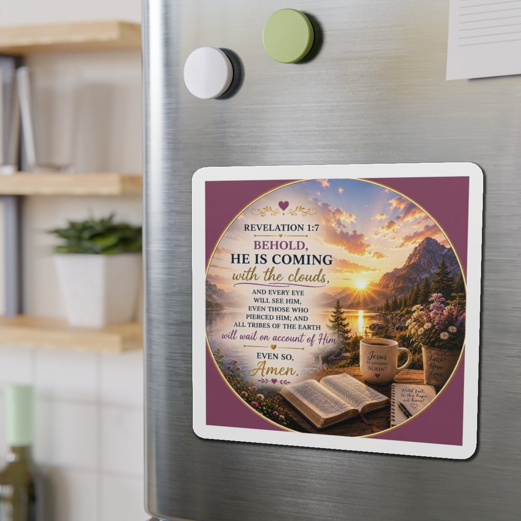 Fridge magnet with sunset scene, Bible verse, and coffee cup on a metallic surface.