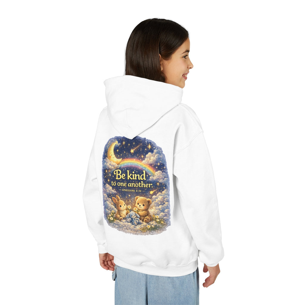 Youth “Be Kind to One Another” Hoodie – Cute Bunny Night Sky Scripture Sweatshirt