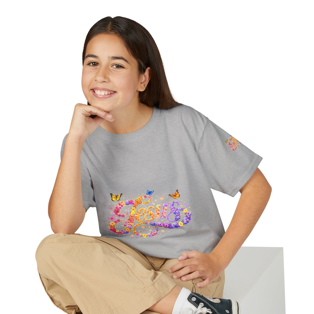 Youth Jesus Floral Butterfly T-Shirt – Christian Kids Faith Tee | Gratitude Sneaker Style Shirt