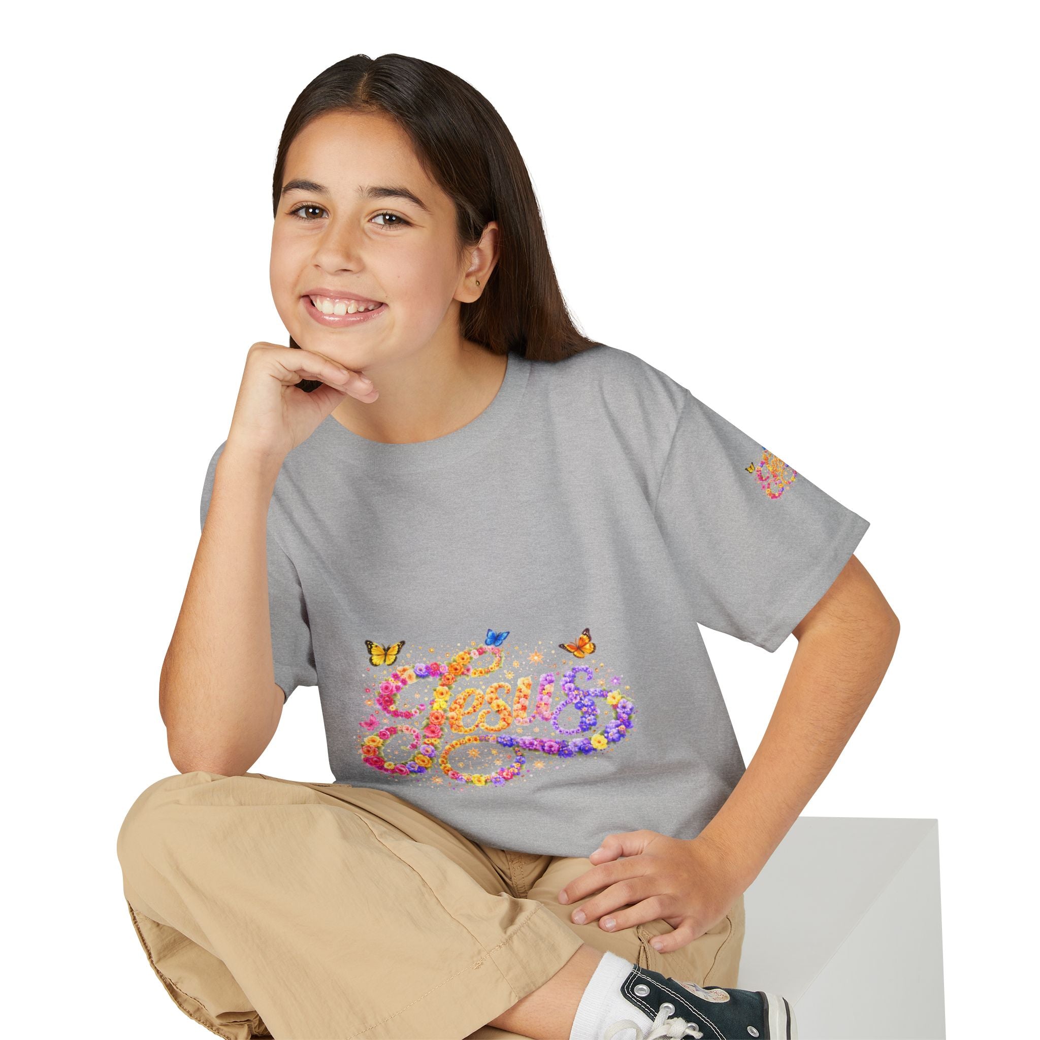 Youth Jesus Floral Butterfly T-Shirt – Christian Kids Faith Tee | Gratitude Sneaker Style Shirt