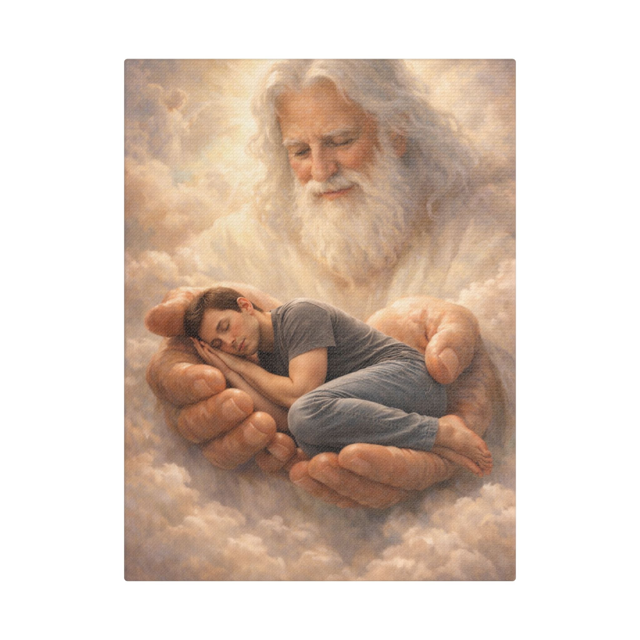 Safely in His Hands Canvas — 'Man' Sleeping in God's Embrace Wall Art