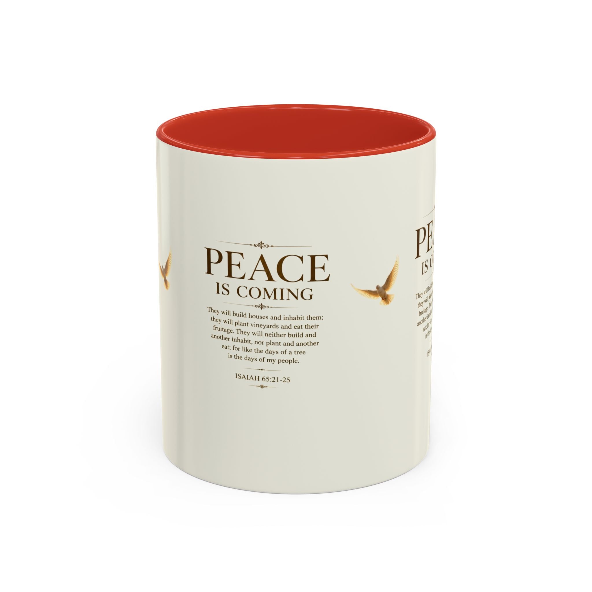 Peace Is Coming Accent Coffee Mug | Isaiah 65:21-25 Christian Mug | Inspirational Faith Gift