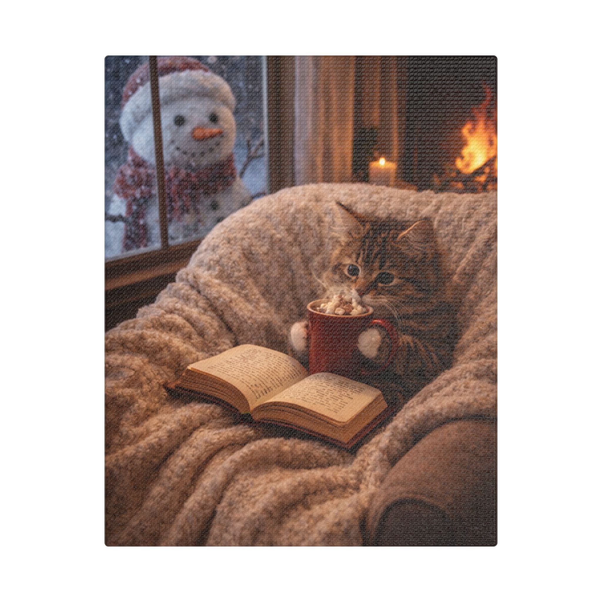 Winter Cat with Mug & Book Canvas — Cozy Cat Wall Art