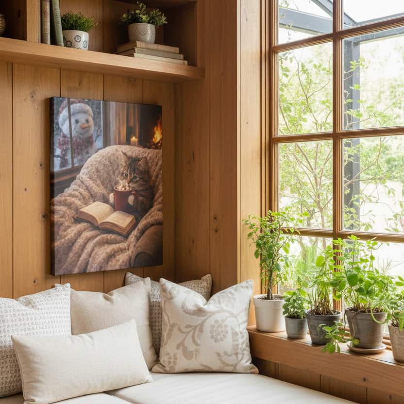Winter Cat with Mug & Book Canvas — Cozy Cat Wall Art