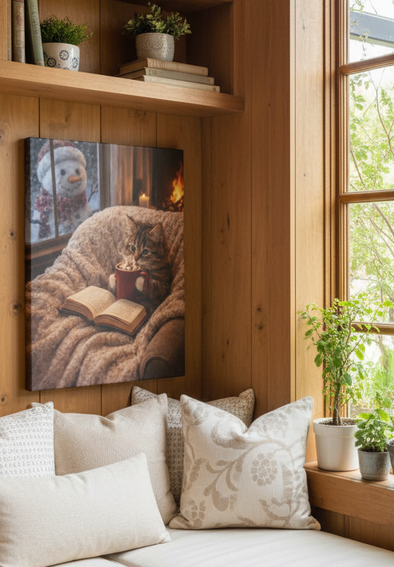 Winter Cat with Mug & Book Canvas — Cozy Cat Wall Art