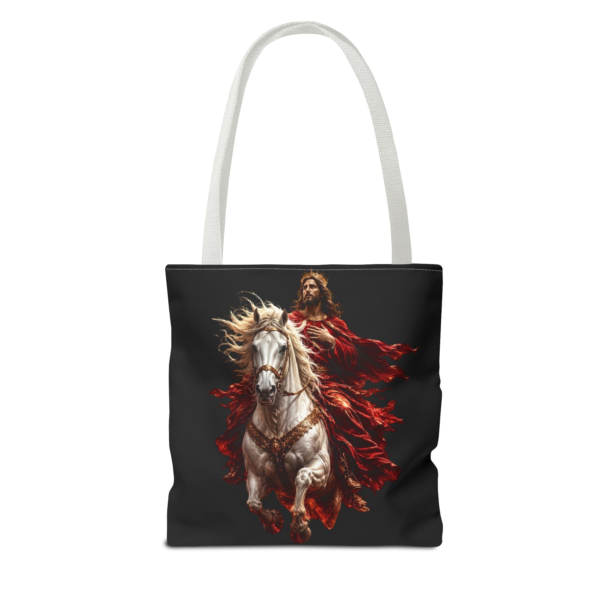 Christian all-over print tote bag featuring Jesus riding a white horse with Prince of Peace inspirational artwork and durable carryall design.