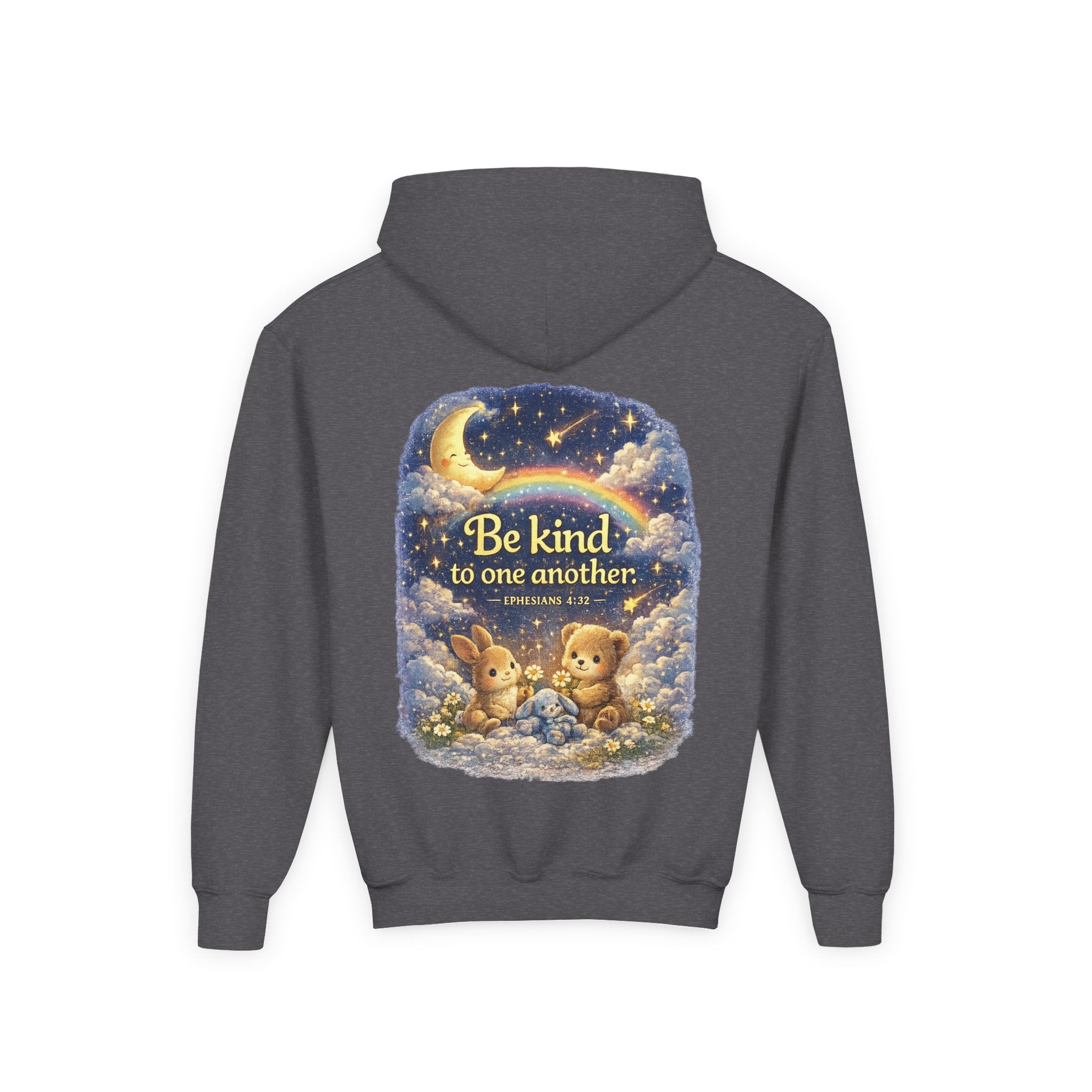 Youth “Be Kind to One Another” Hoodie – Cute Bunny Night Sky Scripture Sweatshirt