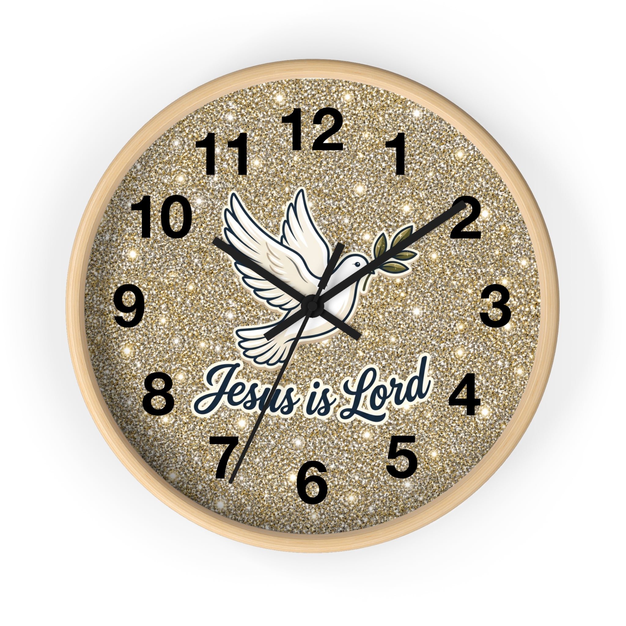 Round Christian wall clock featuring a white dove carrying an olive branch above the words "Jesus Is Lord" on a warm gold shimmer background with a wood frame and silent quartz movement.