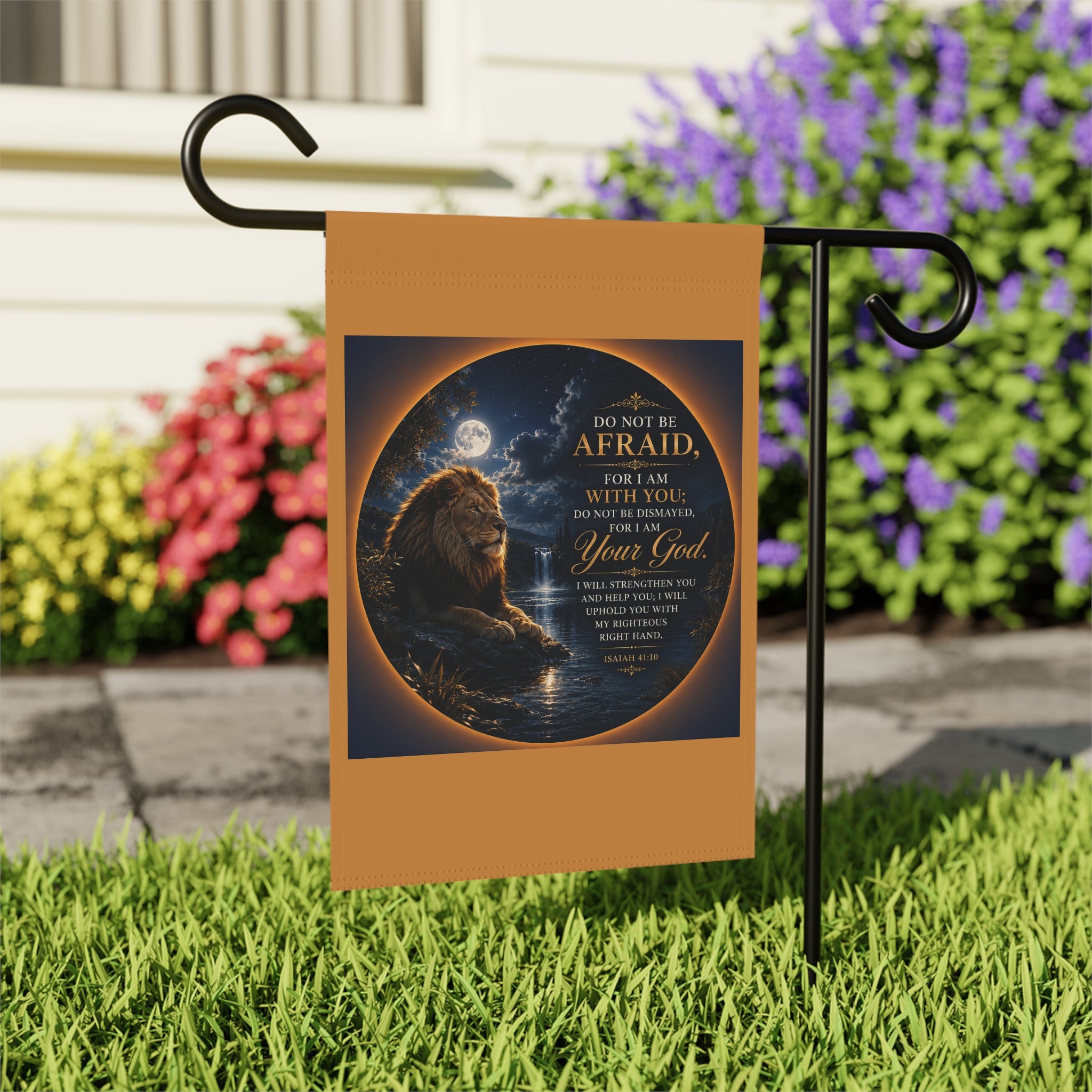 Inspirational Christian garden flag featuring a majestic lion resting beside moonlit water with the scripture “Do Not Be Afraid, For I Am With You” in elegant lettering.